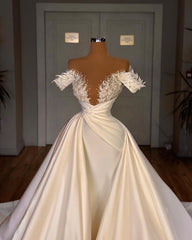 Biztunnel Charming Long A-line Off-the-shoulder Satin Lace Corset Wedding Dresses outfit, Wedding Dresses Train