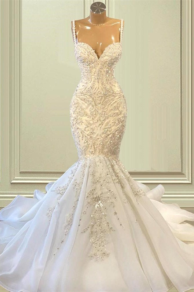 Biztunnel Elegant Long Mermaid Sweetheart Sleeveless Tulle Lace Corset Wedding Dress outfit, Wedding Dress Train