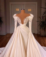 Biztunnel Long Mermaid V-neck Satin Lace Corset Wedding Dresses with Sleeves Gowns, Wedding Dressed Boho