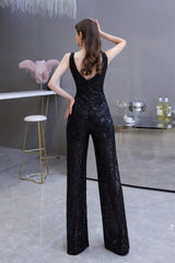 Shining V-neck Sequin Sleeveless Corset Prom Jumpsuit Gowns, Vintage Dress