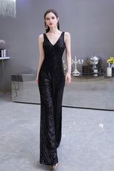 Shining V-neck Sequin Sleeveless Corset Prom Jumpsuit Gowns, Classy Prom Dress