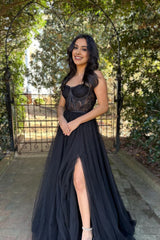 Black A-Line Corset Long Corset Prom Dress with Slit Gowns, Black A-Line Corset Long Prom Dress with Slit