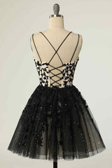 Black A-line Double Spaghetti Straps Lace-Up Applique Mini Corset Homecoming Dress outfit, Glam Dress