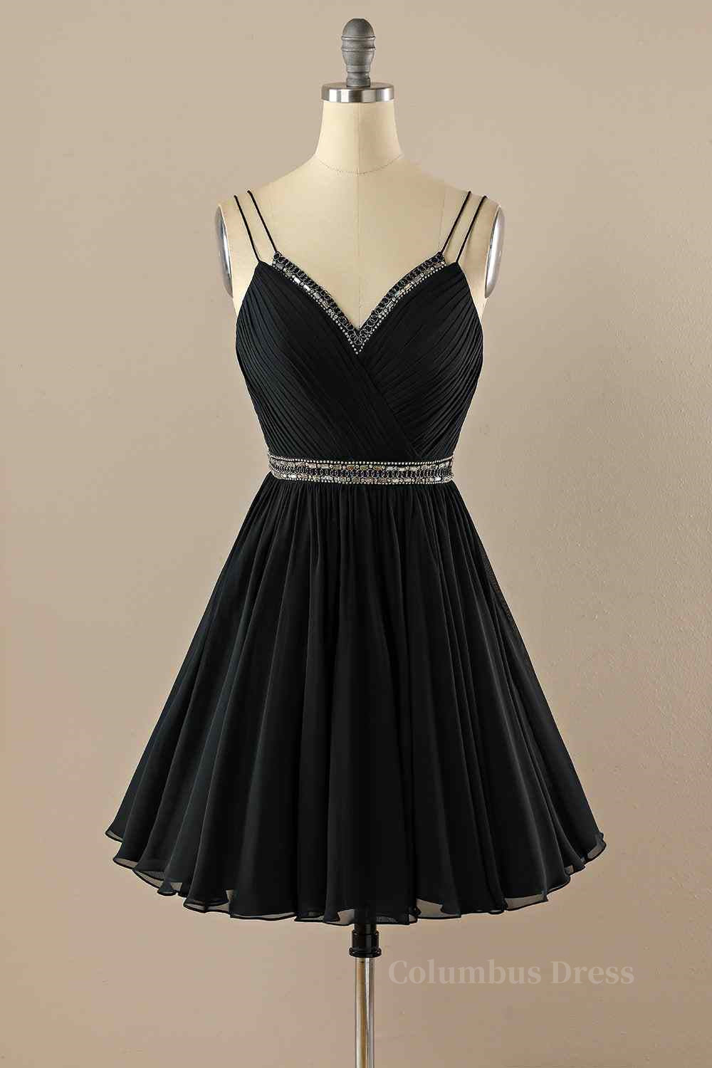 Black A-line Double Straps Pleated Beaded Chiffon Mini Corset Homecoming Dress outfit, Prom Inspo