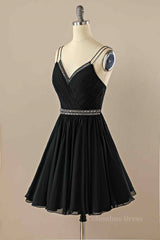 Black A-line Double Straps Pleated Beaded Chiffon Mini Corset Homecoming Dress outfit, Debutant Dress