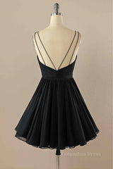 Black A-line Double Straps Pleated Beaded Chiffon Mini Corset Homecoming Dress outfit, Royal Dress
