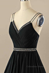 Black A-line Double Straps Pleated Beaded Chiffon Mini Corset Homecoming Dress outfit, On Piece Dress