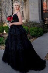 Black A-Line Spaghetti Straps Long Corset Prom Dress outfits, Black A-Line Spaghetti Straps Long Prom Dress