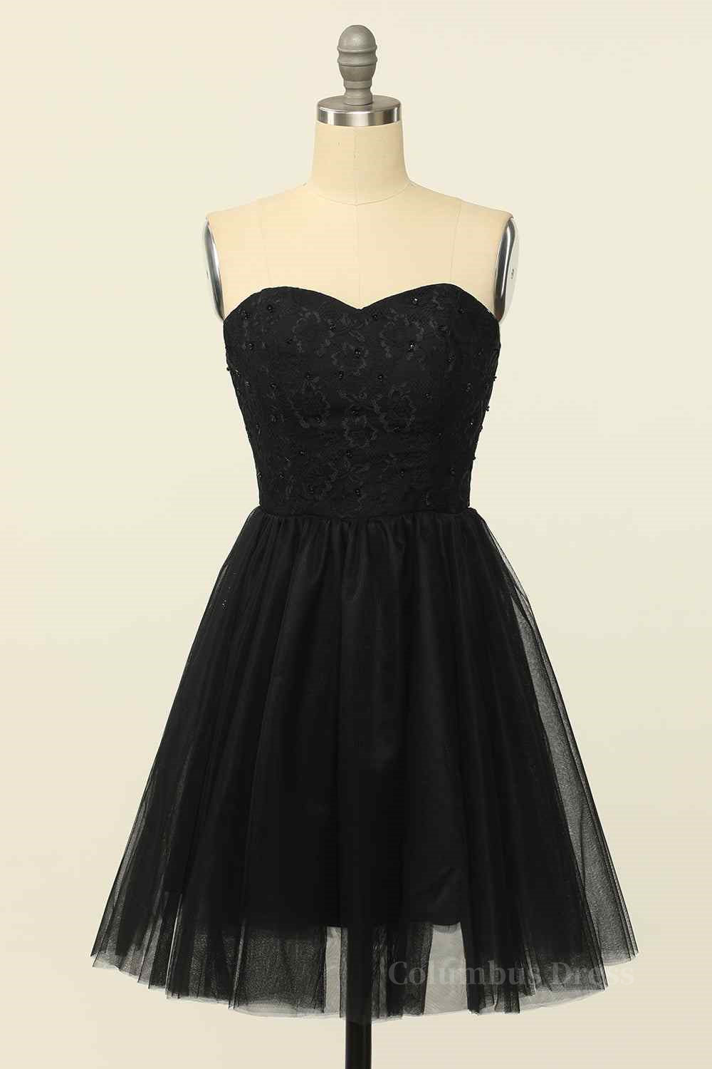 Black A-line Strapless Lace Beaded Lace-Up Back Mini Corset Homecoming Dress outfit, Party Dress Silk