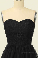 Black A-line Strapless Lace Beaded Lace-Up Back Mini Corset Homecoming Dress outfit, Party Dresses Glitter