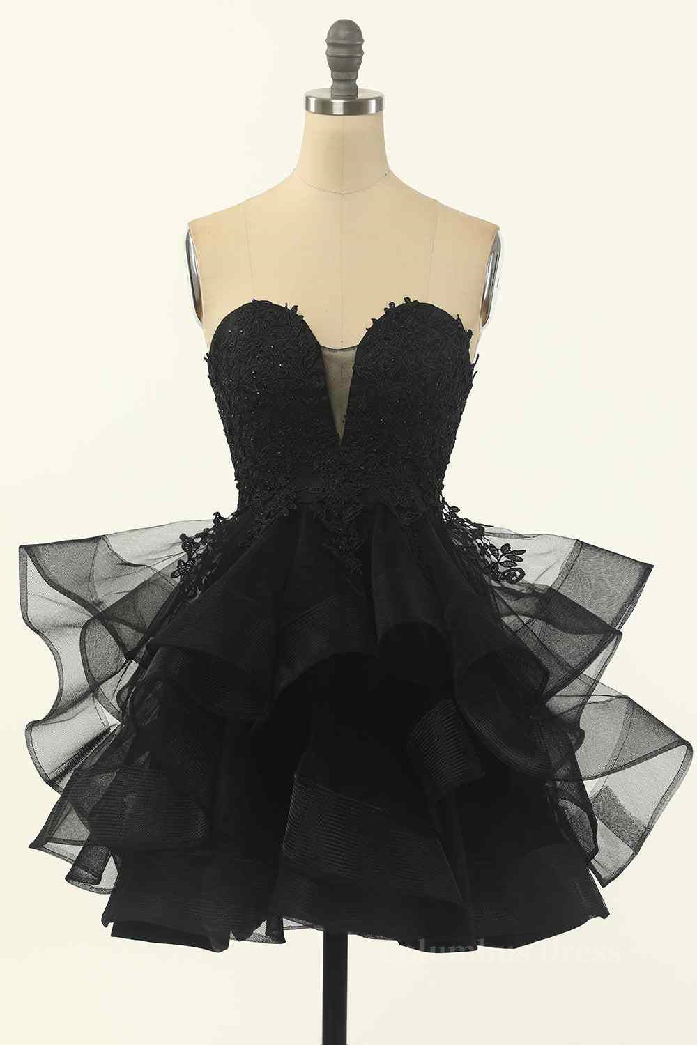 Black A-line Strapless V Neck Applique Multi-Layers Mini Corset Homecoming Dress outfit, Formal Dresses For Weddings