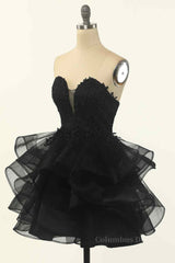 Black A-line Strapless V Neck Applique Multi-Layers Mini Corset Homecoming Dress outfit, Formal Dress Outfits