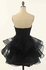 Black A-line Strapless V Neck Applique Multi-Layers Mini Corset Homecoming Dress outfit, Formal Dresses Lace