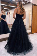 Black A-Line Tulle Long Corset Prom Dress with Lace Outfits, Black A-Line Tulle Long Prom Dress with Lace