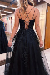 Black A-Line Tulle Long Corset Prom Dress with Lace Outfits, Black A-Line Tulle Long Prom Dress with Lace