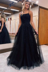Black A-Line Tulle Long Corset Prom Dress with Lace Outfits, Black A-Line Tulle Long Prom Dress with Lace