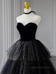 Black A-Line Tulle Shiny Tulle Long Corset Prom Dress, Black Tulle Corset Formal Dresses outfit, Dress
