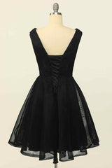 Black A-line V Neck Sleeveless Lace-Up Back Tulle Mini Corset Homecoming Dress outfit, Party Dresses Jumpsuits