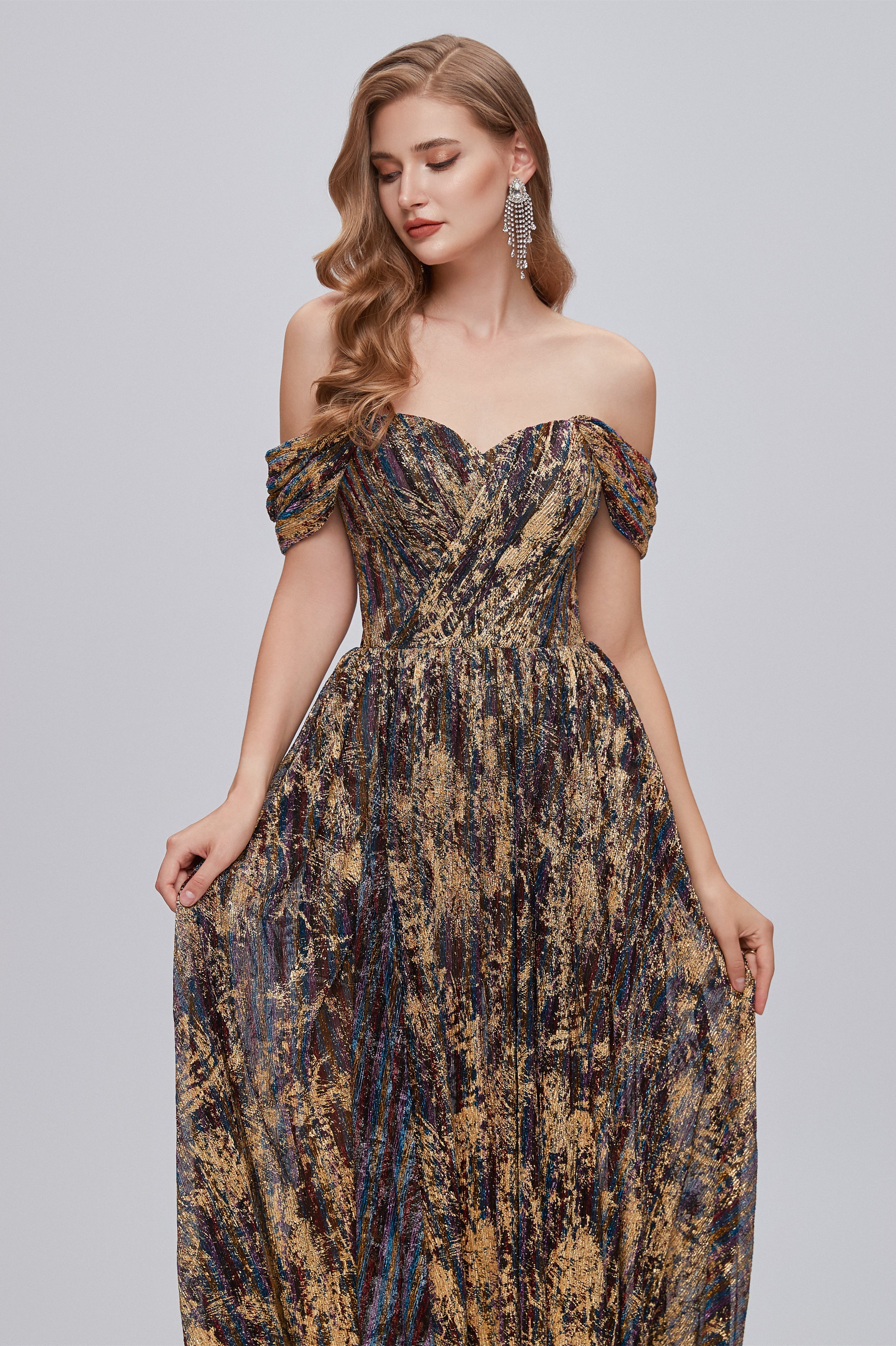 Black and Brown Floral Print Off-the-Shoulder A-Line Long Corset Prom Dress outfits, Dark Red Dress