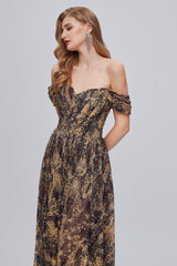 Black and Brown Floral Print Off-the-Shoulder A-Line Long Corset Prom Dress outfits, Dinner Dress