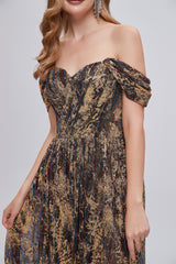 Black and Brown Floral Print Off-the-Shoulder A-Line Long Corset Prom Dress outfits, Mermaid Prom Dress