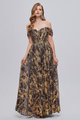 Black and Brown Floral Print Off-the-Shoulder A-Line Long Corset Prom Dress outfits, Satin Prom Dress