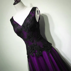 Black and Purple V-neckline A-line Corset Prom Dress, Tulle with Lace Party Dress Outfits, Party Dress Ideas For Winter