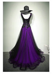 Black and Purple V-neckline A-line Corset Prom Dress, Tulle with Lace Party Dress Outfits, Party Dress Christmas