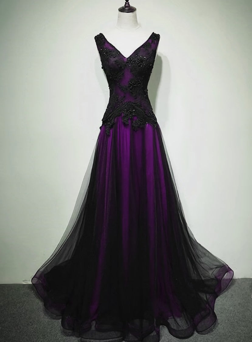 Black and Purple V-neckline A-line Corset Prom Dress, Tulle with Lace Party Dress Outfits, Party Dresses For 21 Year Olds