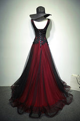 Black and Red V-Neck Tulle Long Corset Prom Dress, Lace Evening Dress outfit, Bridesmaid Dresses Colorful