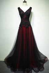 Black and Red V-Neck Tulle Long Corset Prom Dress, Lace Evening Dress outfit, Bridesmaid Dresses Colors