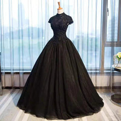 Black Cap Sleeves Long Tulle Party Dress, Black Corset Prom Dress outfits, Party Dress For Christmas