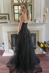 Black Corset A-Line Tulle Long Corset Prom Dress with Lace Outfits, Black Corset A-Line Tulle Long Prom Dress with Lace