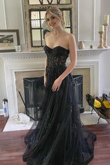 Black Corset A-Line Tulle Long Corset Prom Dress with Lace Outfits, Black Corset A-Line Tulle Long Prom Dress with Lace