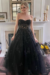 Black Corset A-Line Tulle Long Corset Prom Dress with Lace Outfits, Black Corset A-Line Tulle Long Prom Dress with Lace