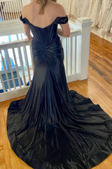 Black Corset Off the Shoulder Long Corset Prom Dress with Slit Gowns, Black Corset Off the Shoulder Long Prom Dress with Slit