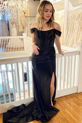 Black Corset Off the Shoulder Long Corset Prom Dress with Slit Gowns, Black Corset Off the Shoulder Long Prom Dress with Slit