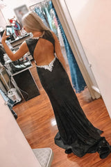 Black Deep V-Neck Mermaid Corset Prom Dress with Slit Gowns, Black Deep V-Neck Mermaid Prom Dress with Slit