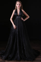 Black Halter Deep V neck Backless Tulle Floro Length Corset Prom Dresses outfit, Classy Gown