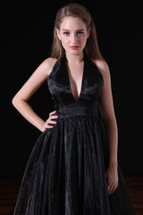 Black Halter Deep V neck Backless Tulle Floro Length Corset Prom Dresses outfit, Dress Casual