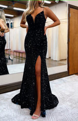 Black Lace-Up Back Sequis Mermaid Corset Prom Dress with Slit Gowns, Black Lace-Up Back Sequis Mermaid Prom Dress with Slit