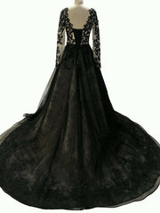 Black Long A-Line V Neck Lace Tulle Corset Wedding Dresses with Sleeves Gowns, Wedding Dress Train