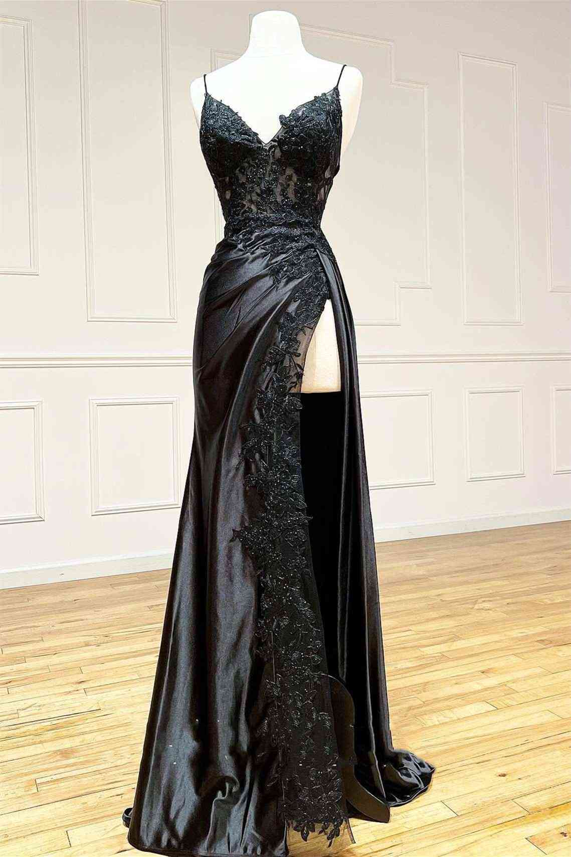 Black Long Appliques Corset Prom Dress with Spaghetti Straps,Vintage Corset Formal Dresses outfit, Bridesmaid Dresses Modest