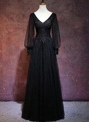 Black Long Sleeves V-neckline Evening Dress, Black Corset Prom Dress outfits, Party Dress Long Sleeve Maxi