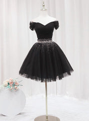 Black Off Shoulder Beaded Tulle Short Corset Prom Dress, Black Corset Homecoming Dress Corset Formal Dress outfit, Prom Dresses Elegant