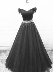 Black Off Shoulder Tulle Lace Beaded A-line Corset Prom Dress, Black Junior Party Dresses outfit, Prom Dresses Curvy