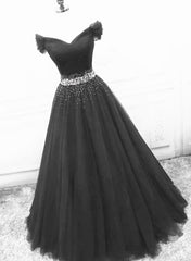 Black Off Shoulder Tulle Lace Beaded A-line Corset Prom Dress, Black Junior Party Dresses outfit, Prom Dresses Modest