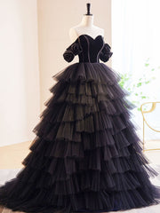 Black Off Shoulder Tulle Long Corset Prom Dress, Black Corset Formal Evening Dress outfit, Prom Dress Long With Sleeves