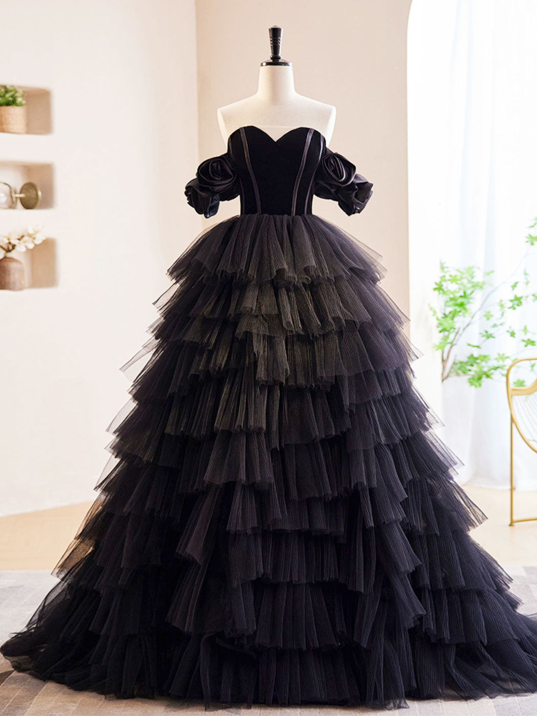 Black Off Shoulder Tulle Long Corset Prom Dress, Black Corset Formal Evening Dress outfit, Prom Dresses For Chubby Girls