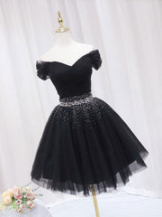 Black Off Shoulder Tulle Sequin Short Corset Prom Dress, Black Corset Homecoming Dresses outfit, Prom Dresses Blue Lace